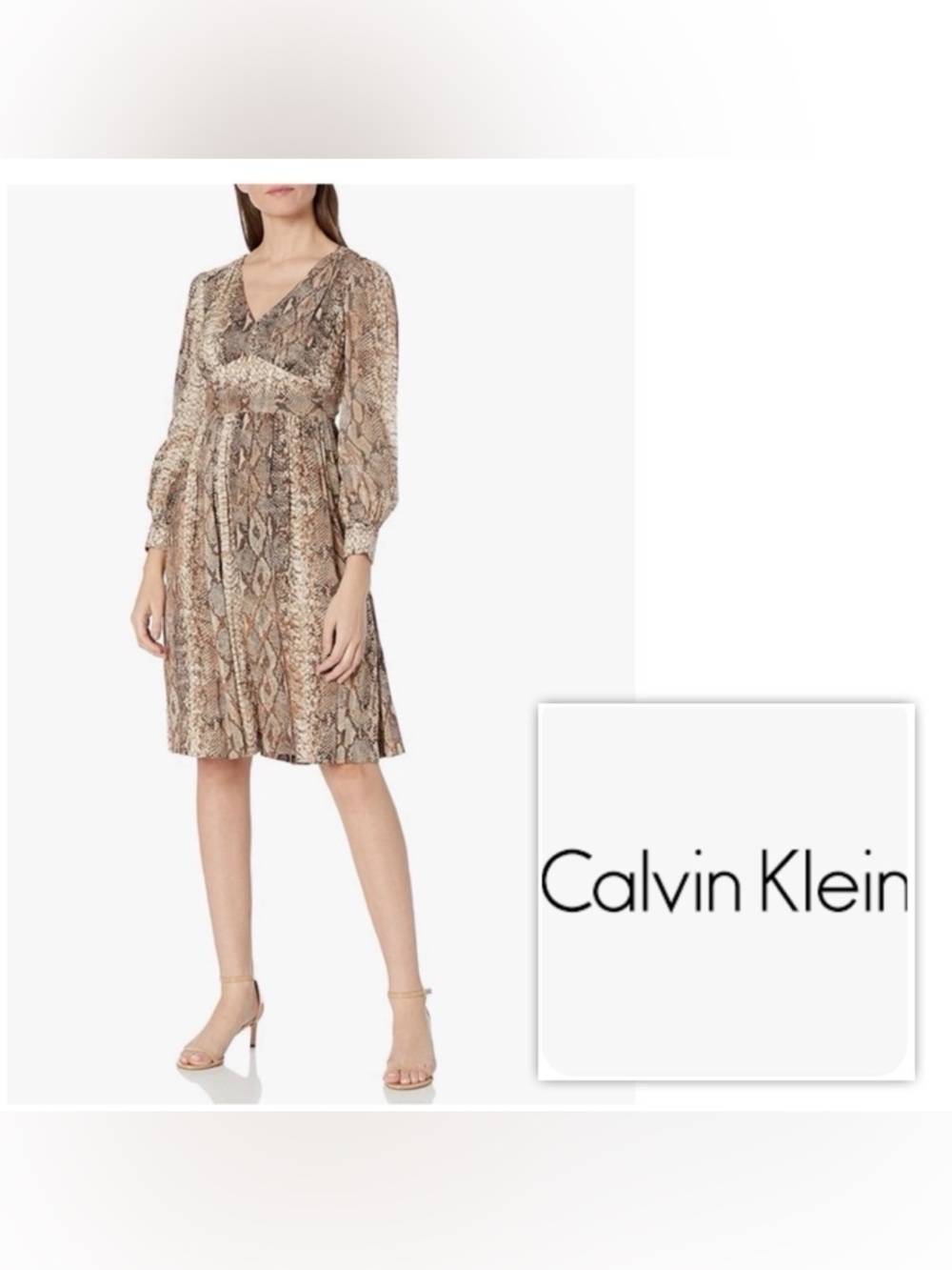NWT $129 Calvin Klein Women's 6 Long Sleeve V-Neck Dress Seamed Waist Snake